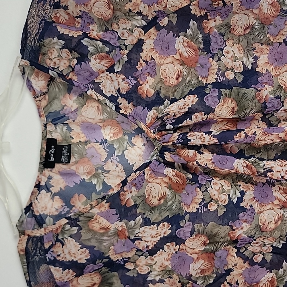 Lucie Rose Floral Sheer Black, Purple, Green, Rust Print Short Sleeve Top L
